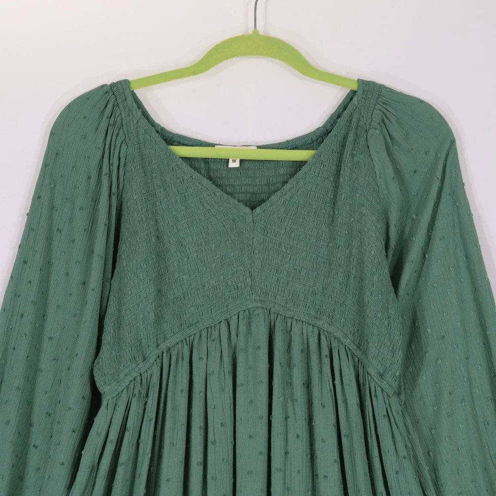 Baltic Born Midi Dress Womens 1X Green Swiss Dot Smocked V-Neck Cottagecore Boho